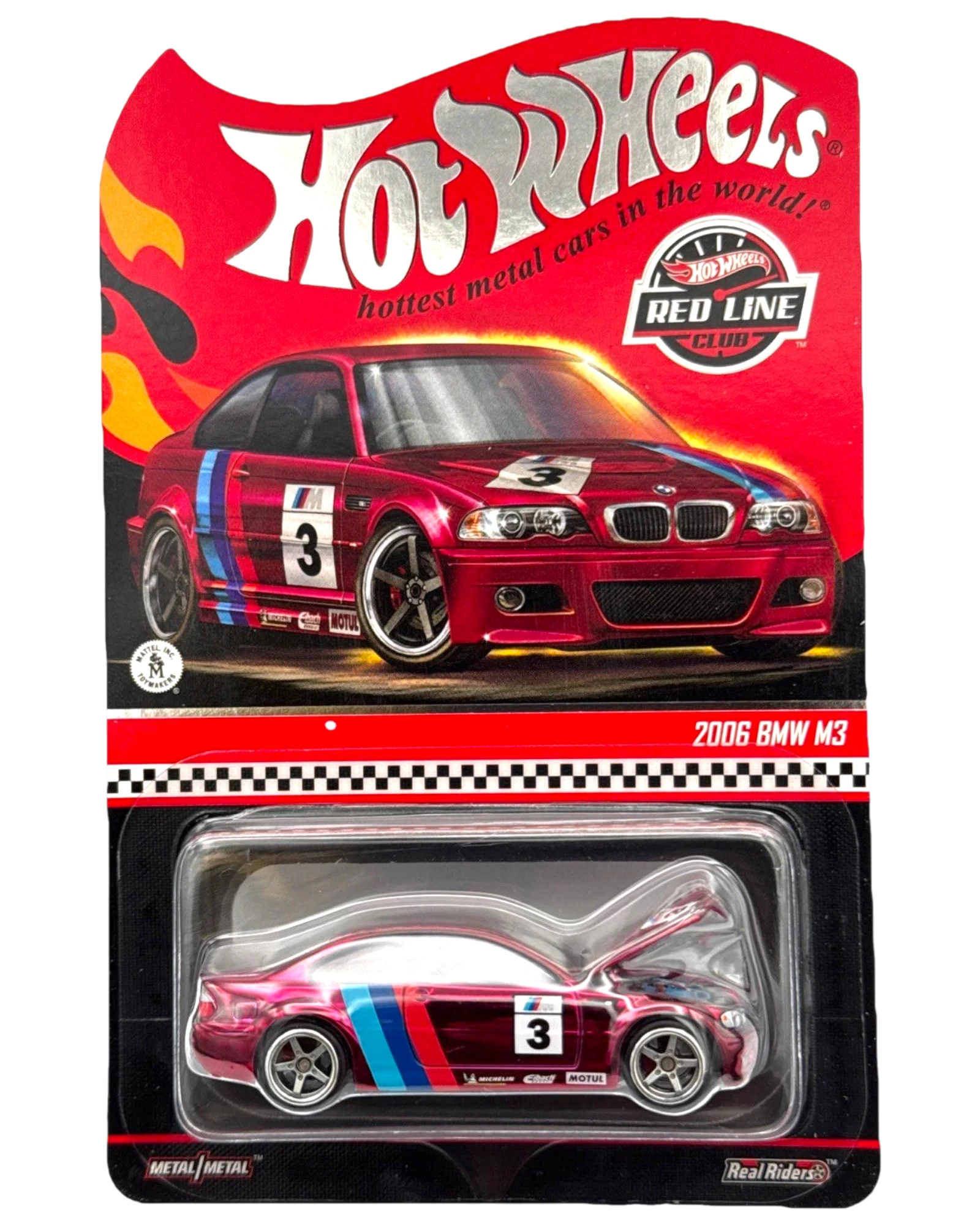 More Than Diecast 2025 Hot Wheels RLC Exclusive 2006 BMW M3 in Spectraflame Red with racing livery and Real Riders