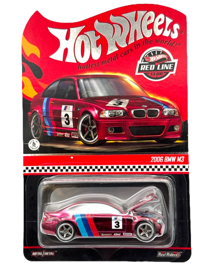 More Than Diecast 2025 Hot Wheels RLC Exclusive 2006 BMW M3 in Spectraflame Red with racing livery and Real Riders