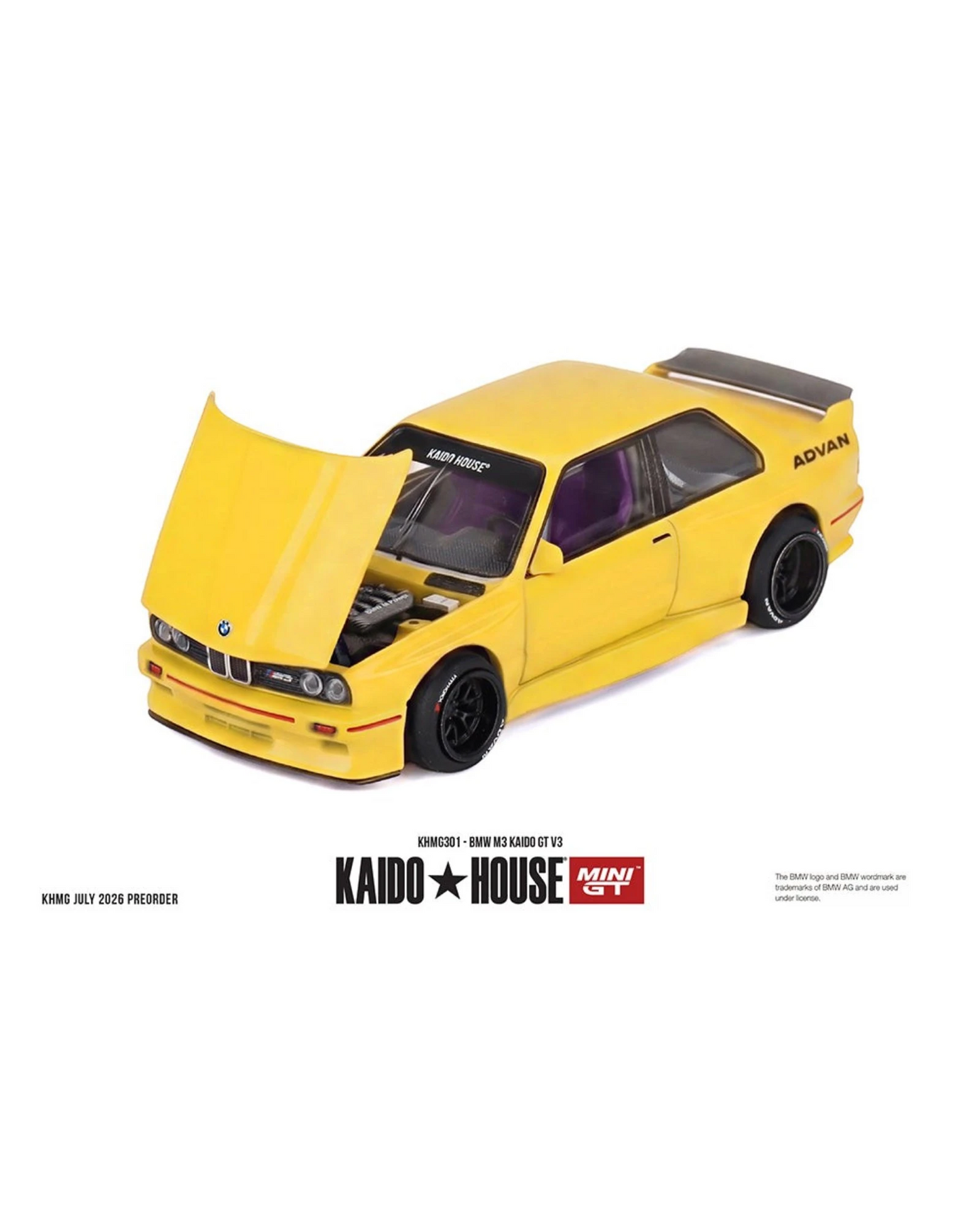 More Than Diecast Kaido House x Mini GT 1:64 BMW M3 Kaido GT V3 ADVAN yellow model car with open hood