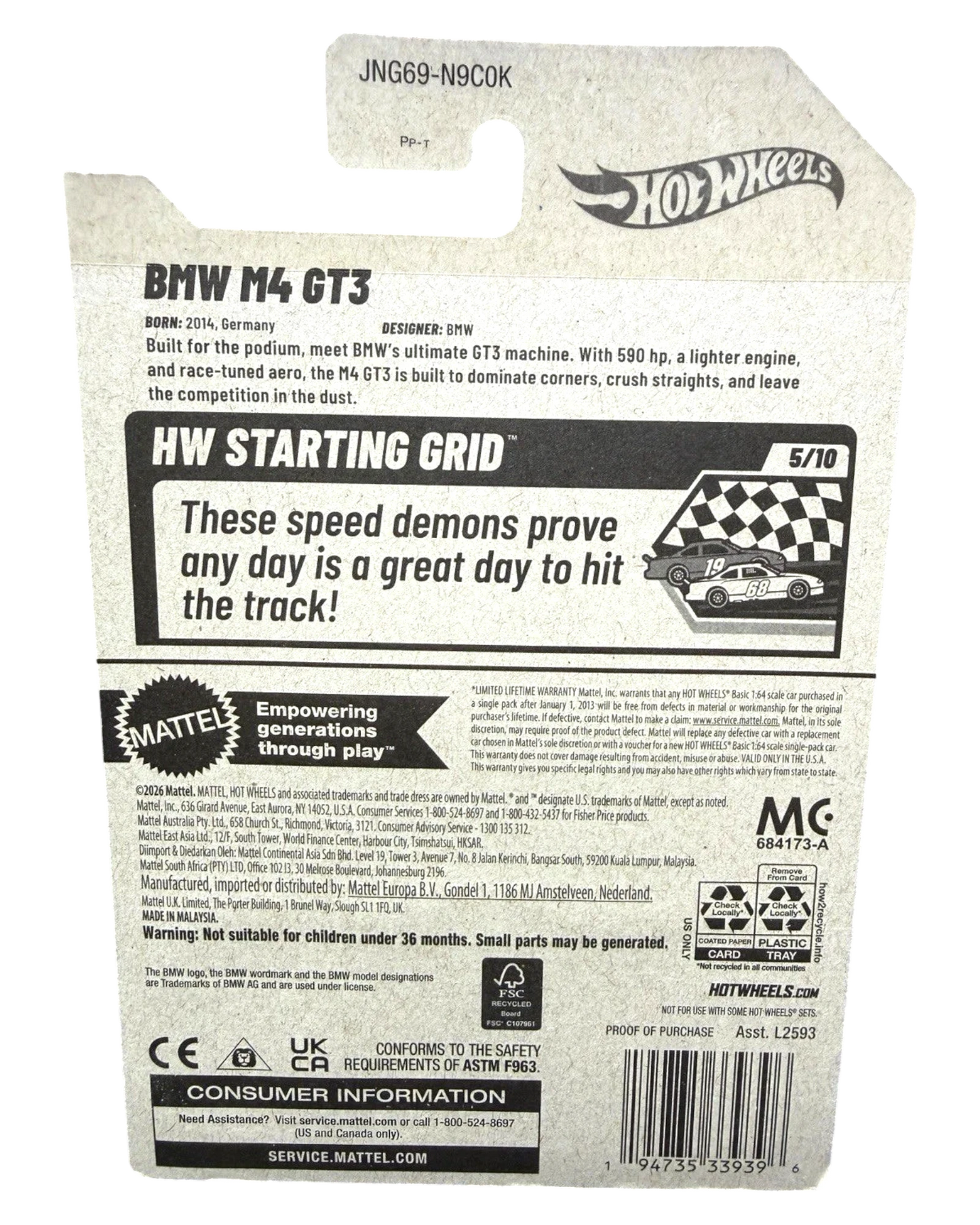 Back of More Than Diecast Hot Wheels BMW M4 GT3 packaging showing product details and specifications
