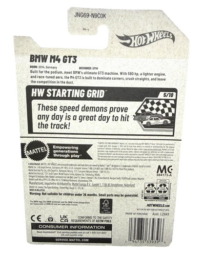 Back of More Than Diecast Hot Wheels BMW M4 GT3 packaging showing product details and specifications