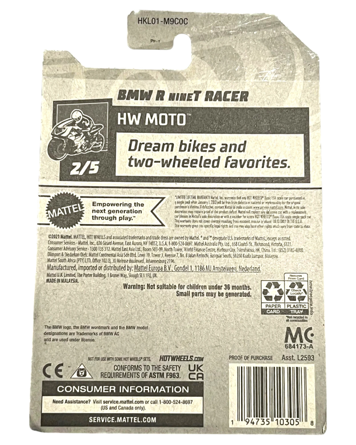 More Than Diecast Hot Wheels BMW R nineT Racer Treasure Hunt card back with Moto series branding and product details