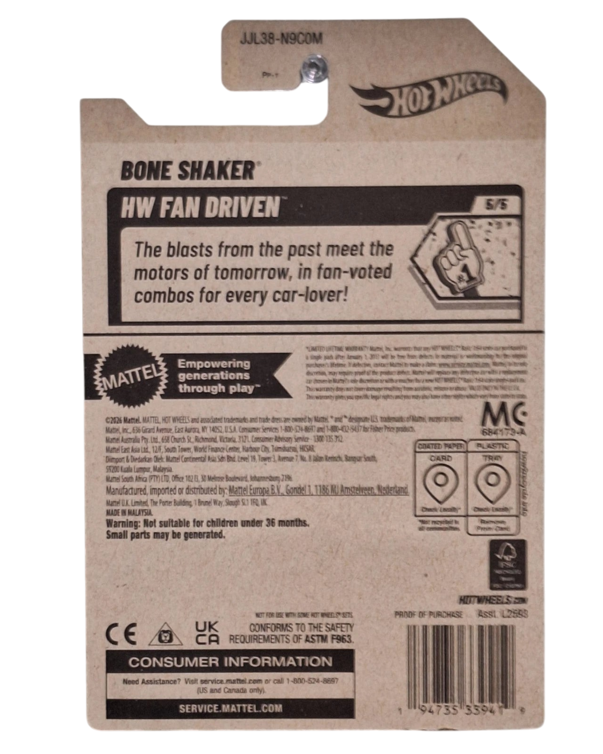 More Than Diecast Hot Wheels 2026 Bone Shaker packaging back view showing product details and safety information