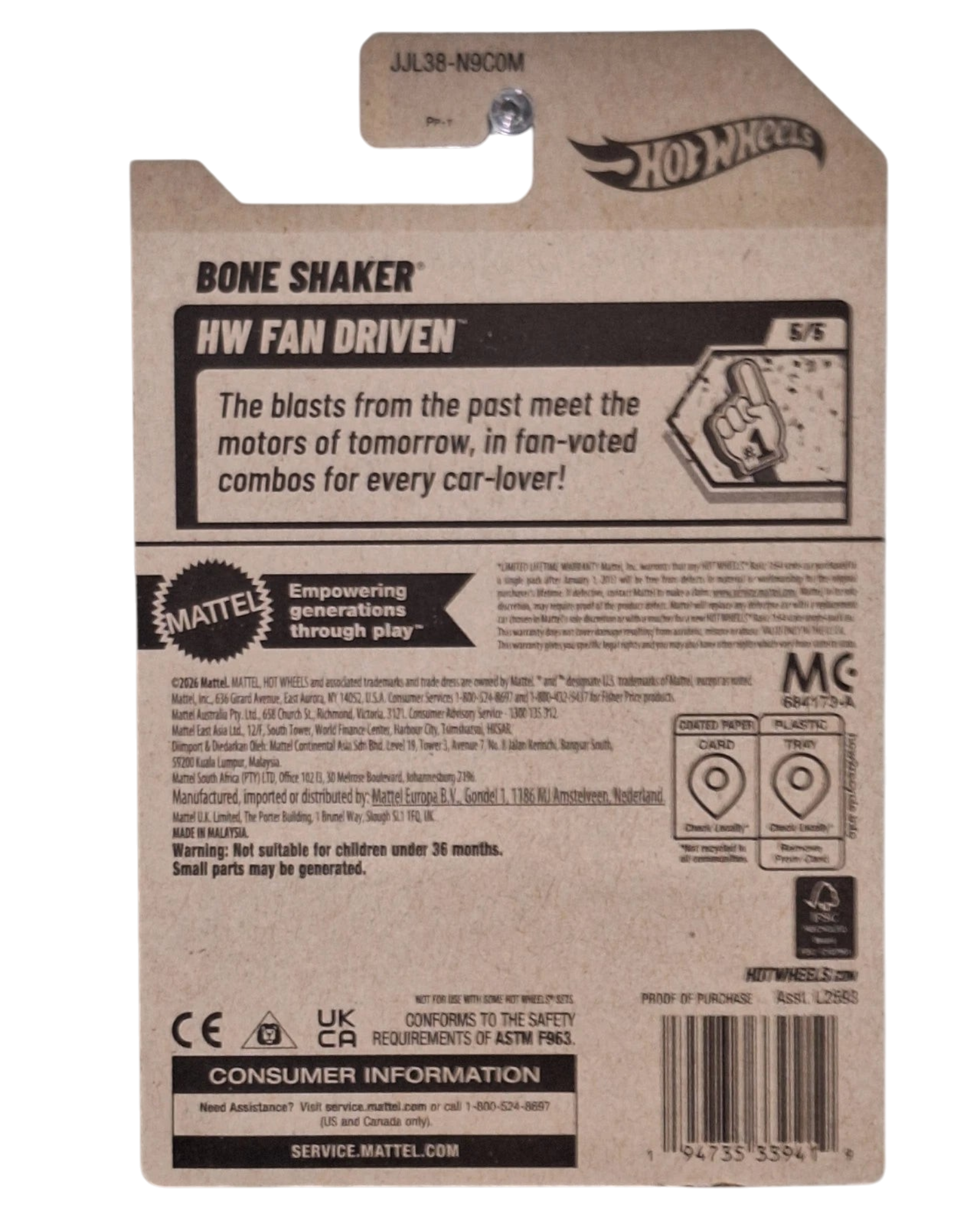 More Than Diecast Hot Wheels 2026 Bone Shaker packaging back view showing product details and safety information