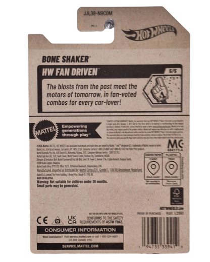 More Than Diecast Hot Wheels 2026 Bone Shaker packaging back view showing product details and safety information