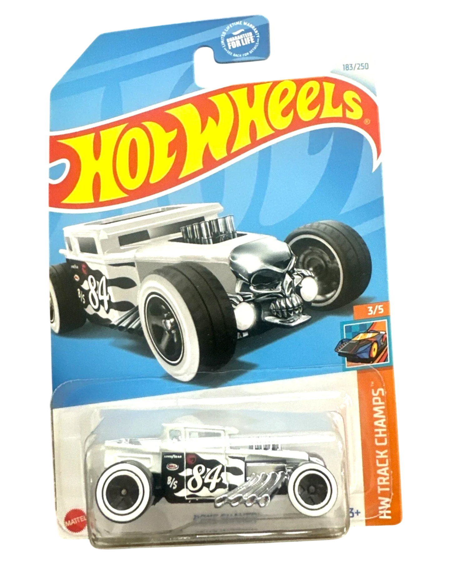 More Than Diecast Hot Wheels Bone Shaker Treasure Hunt die-cast car in white with skull front and number 84 graphics