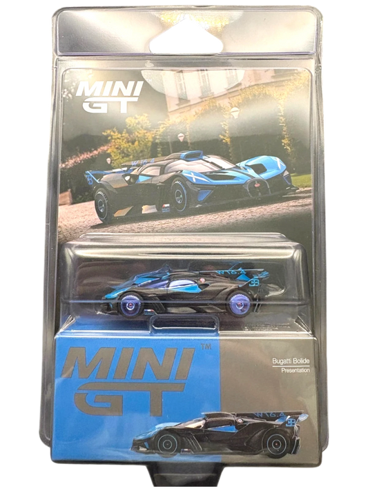 More Than Diecast Mini GT Bugatti Bolide Chase #1063 in black and blue packaging with hypercar model visible