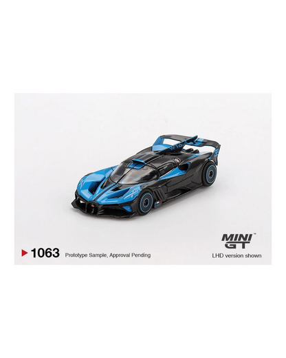 More Than Diecast Mini GT 1:64 Bugatti Bolide die-cast model in black and blue presentation livery