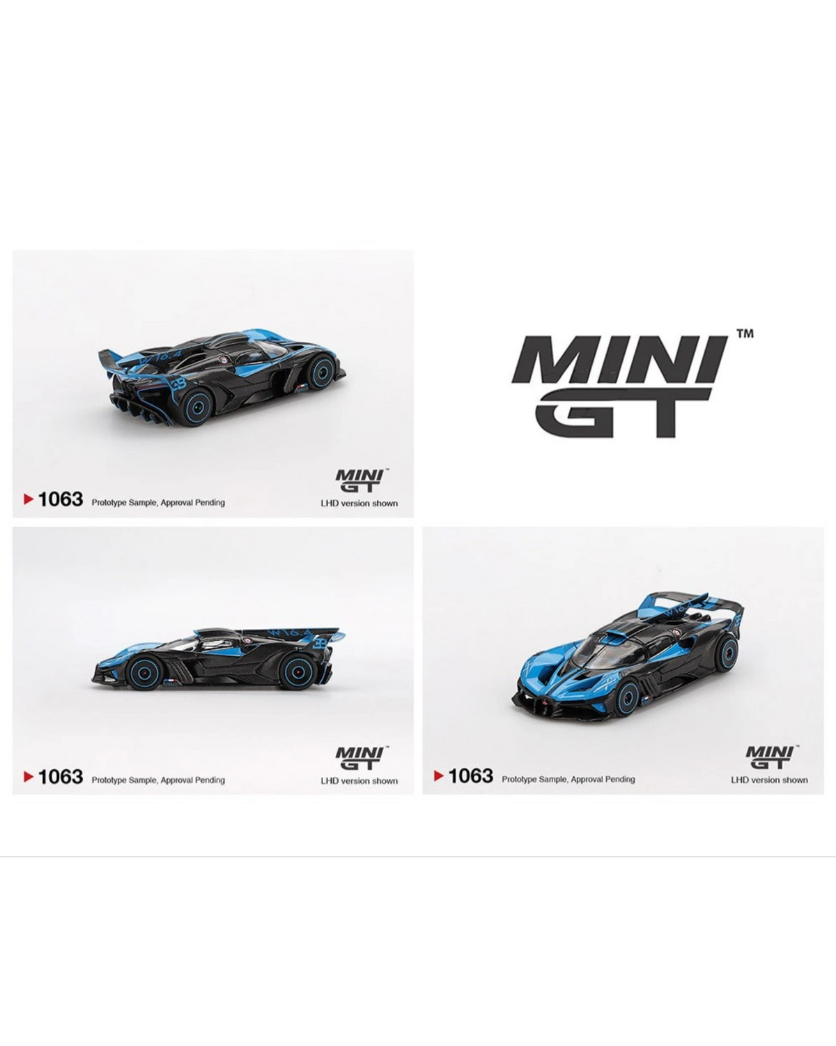 More Than Diecast Mini GT 1:64 Bugatti Bolide die-cast model in black and blue presentation livery