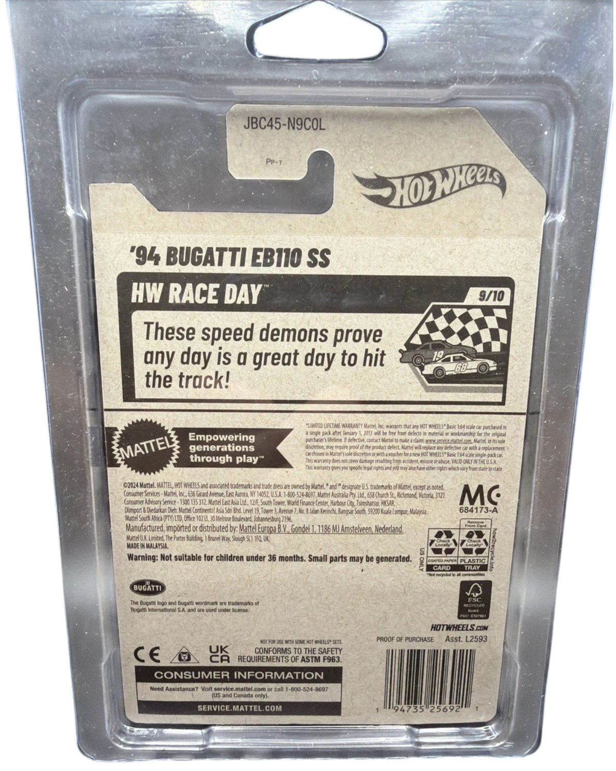 Back of More Than Diecast Hot Wheels 1994 Bugatti EB110 SS Super Treasure Hunt blister card packaging