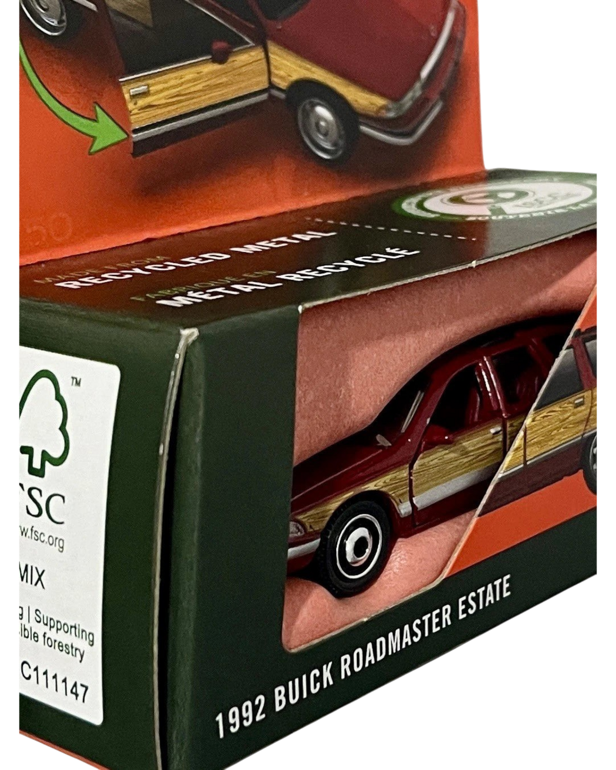 More Than Diecast 1:64 scale 1992 Buick Roadmaster Estate die-cast wagon in red with woodgrain side paneling in box