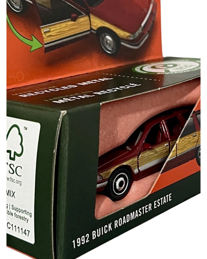 More Than Diecast 1:64 scale 1992 Buick Roadmaster Estate die-cast wagon in red with woodgrain side paneling in box