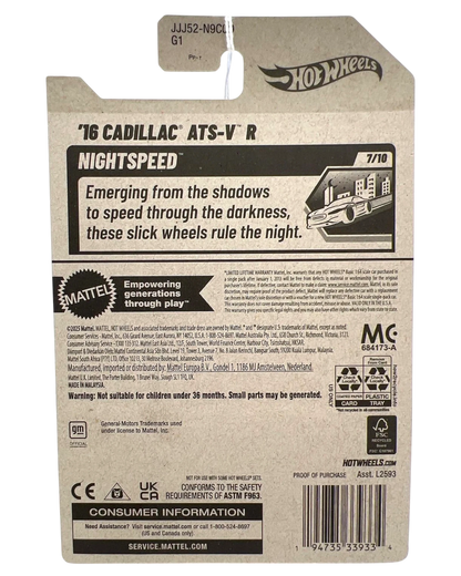 Back of More Than Diecast Hot Wheels 2016 Cadillac ATS-V R Nightspeed collector card packaging