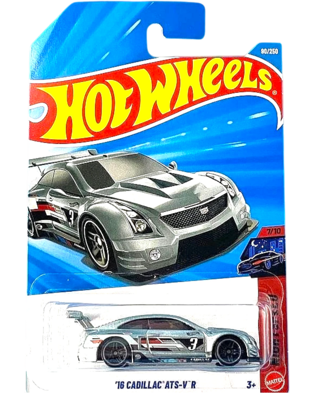 More Than Diecast Hot Wheels 2026 '16 Cadillac ATS-V R in metalflake gunmetal blue, 1:64 scale race car on card.