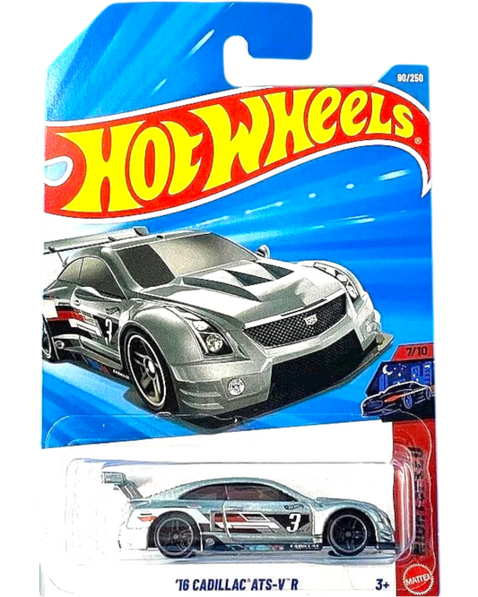 More Than Diecast Hot Wheels 2026 '16 Cadillac ATS-V R in metalflake gunmetal blue, 1:64 scale race car on card.