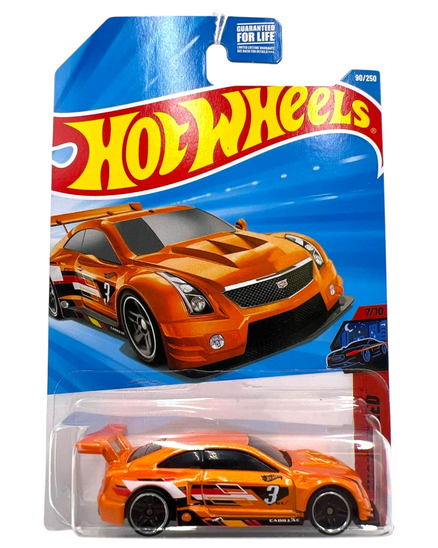 More Than Diecast 2026 Hot Wheels 16 Cadillac ATS-V R in orange with racing decals in original blister packaging.