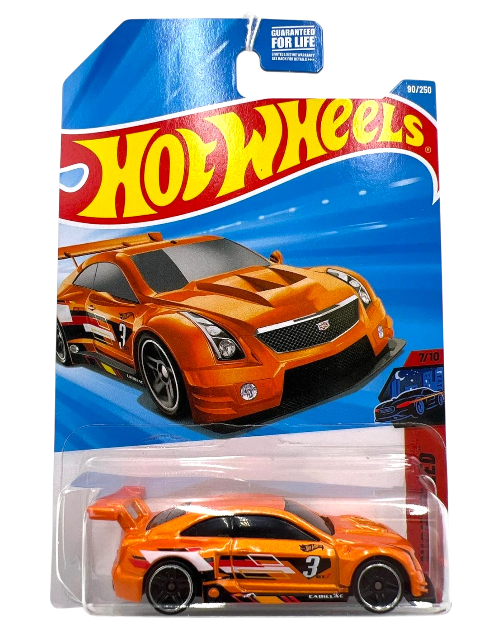 More Than Diecast 2026 Hot Wheels 16 Cadillac ATS-V R in orange with racing decals in original blister packaging.