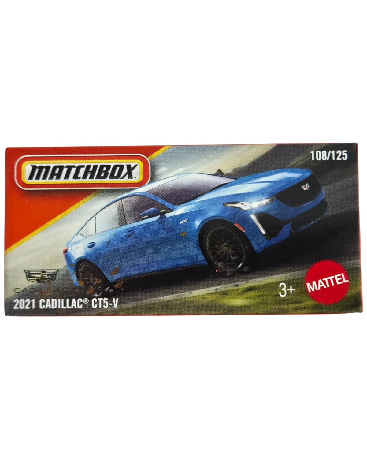 More Than Diecast 2021 Cadillac CT5-V blue die-cast car in Matchbox MBX Road Trip packaging