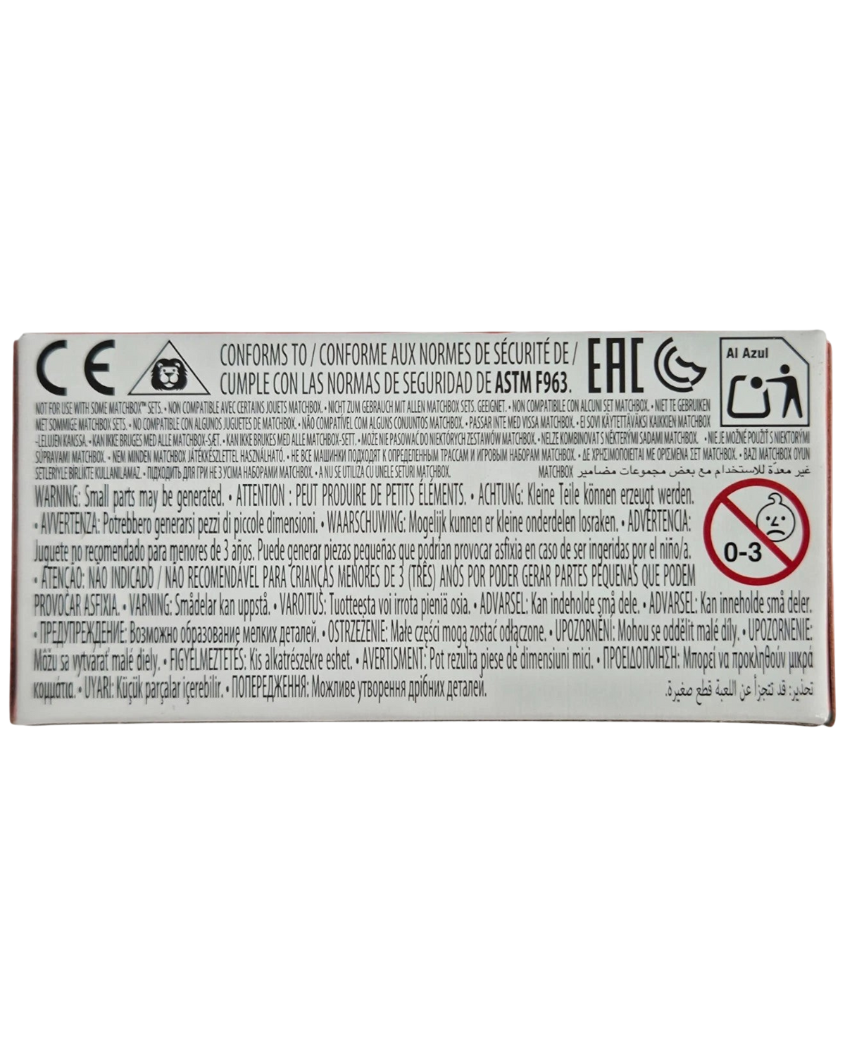More Than Diecast 2021 Cadillac CT5-V Matchbox toy car packaging back with safety warnings and product information