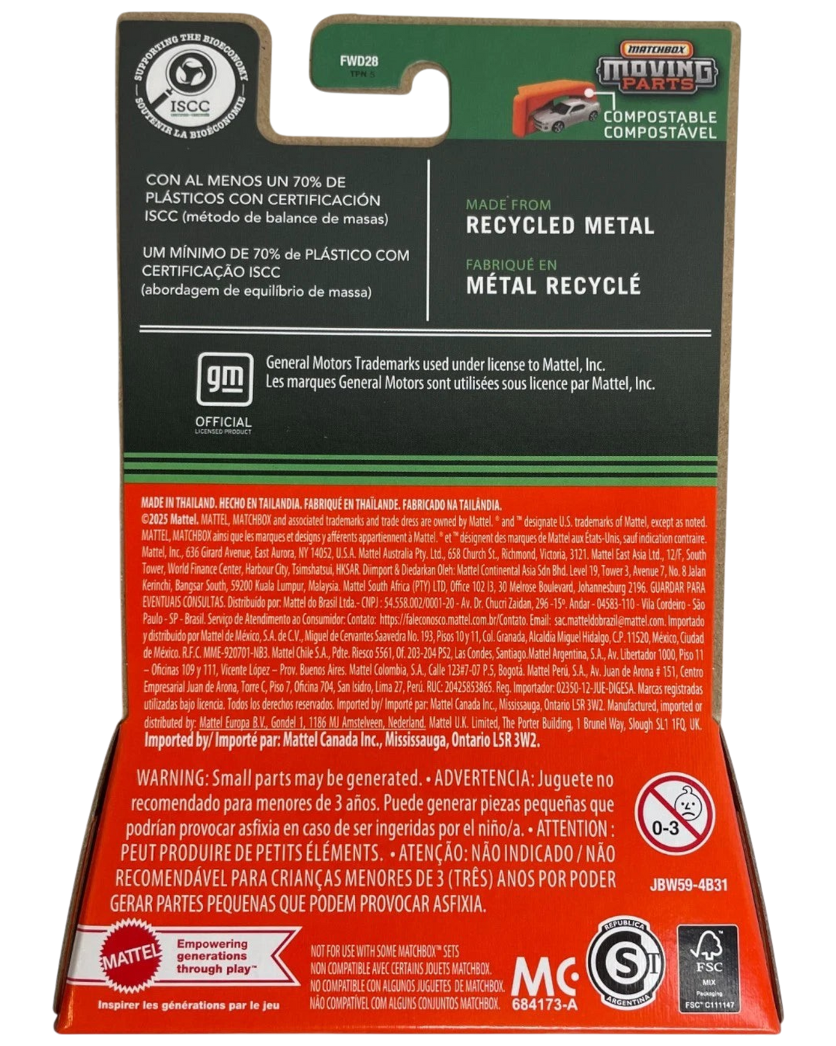 More Than Diecast Matchbox 2025 Cadillac Escalade IQ packaging back showing product details and safety information