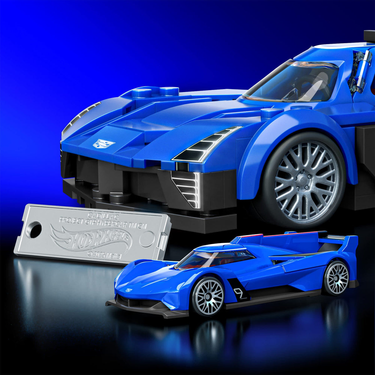 More Than Diecast Mattel Brick Shop blue Cadillac Project GTP Hypercar building set with metal signature plate