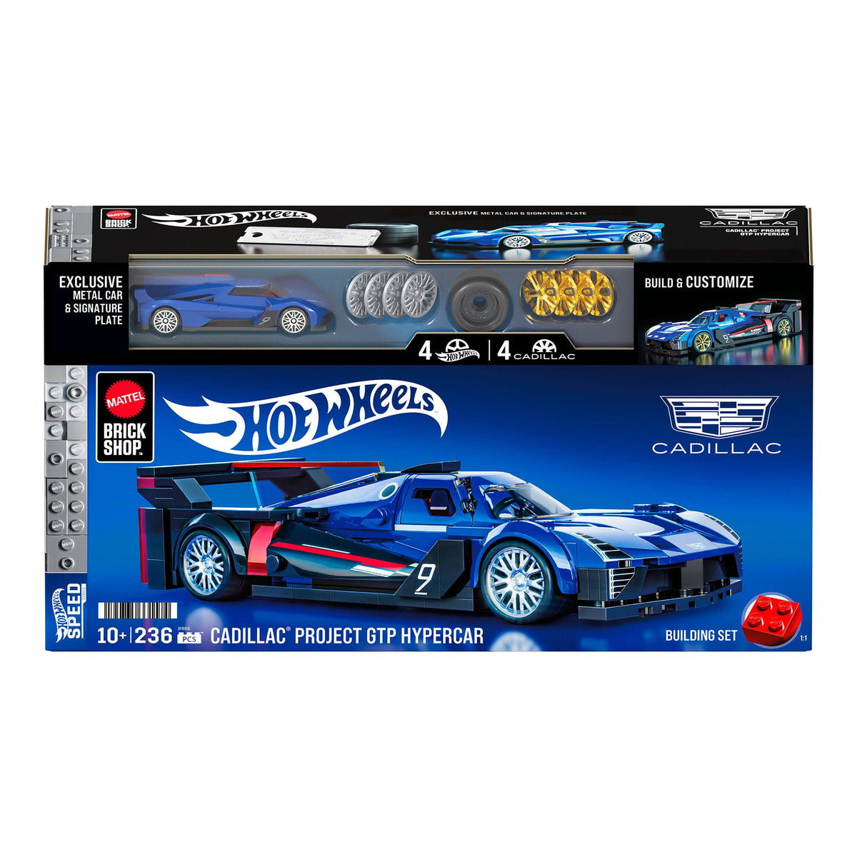 More Than Diecast Mattel Brick Shop Hot Wheels Cadillac Project GTP Hypercar building set with die-cast car and plate
