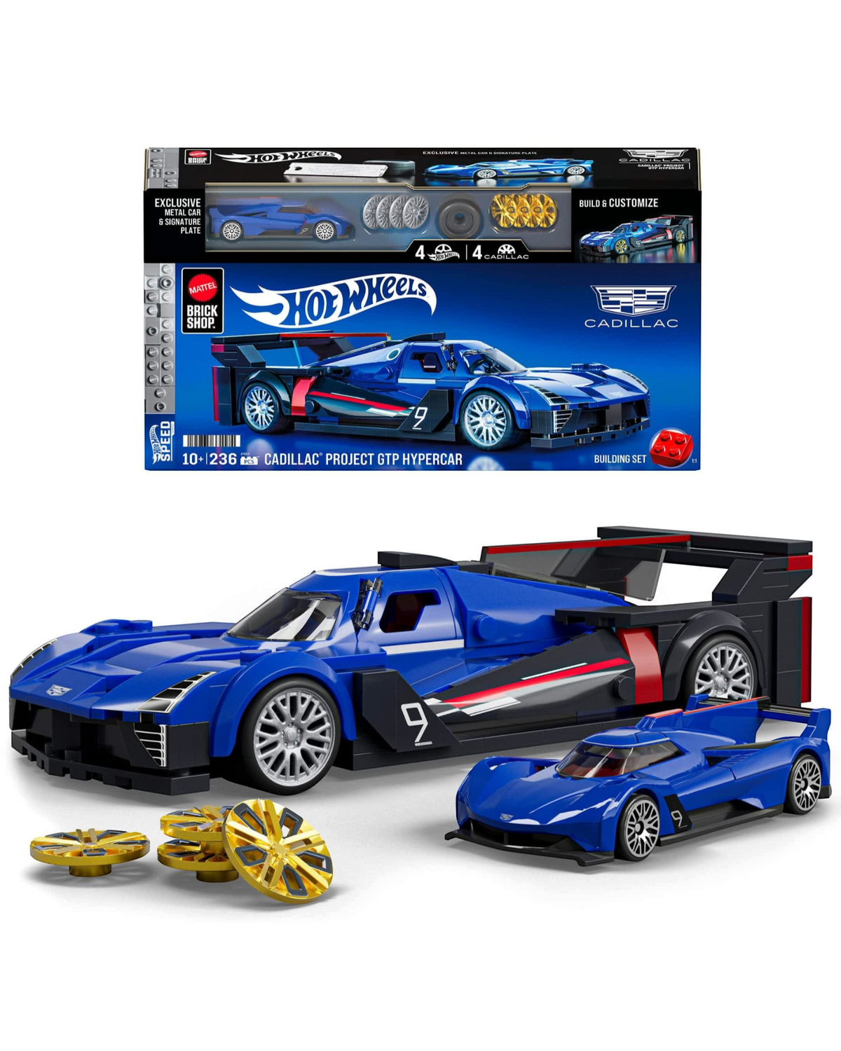 More Than Diecast Mattel Brick Shop Cadillac Project GTP Hypercar building set with die-cast car and wheel covers