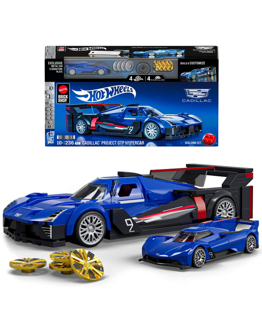 More Than Diecast Mattel Brick Shop Cadillac Project GTP Hypercar building set with die-cast car and wheel covers