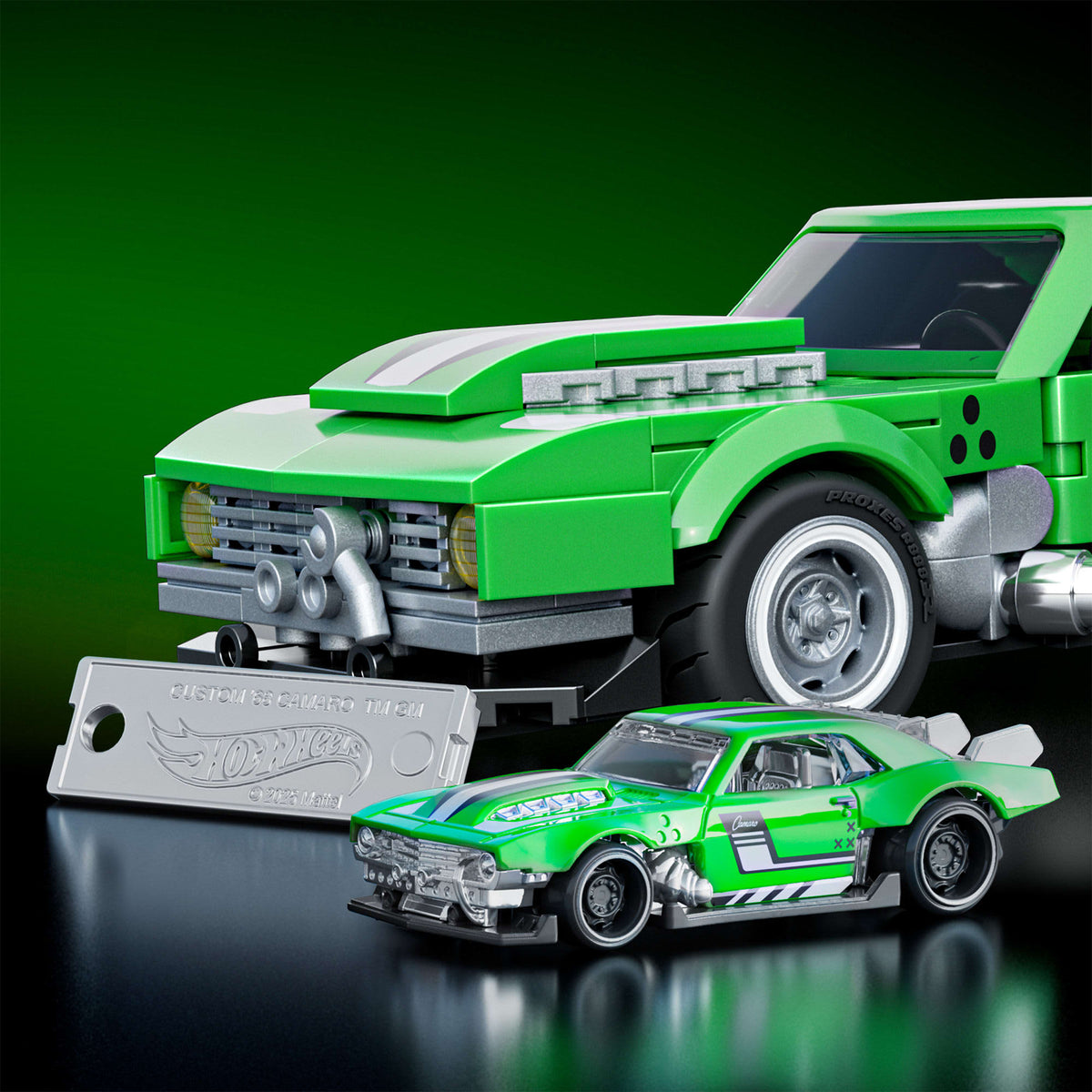 More Than Diecast Hot Wheels Custom 68 Camaro building set with matching 1:64 die-cast car and metal signature plate.