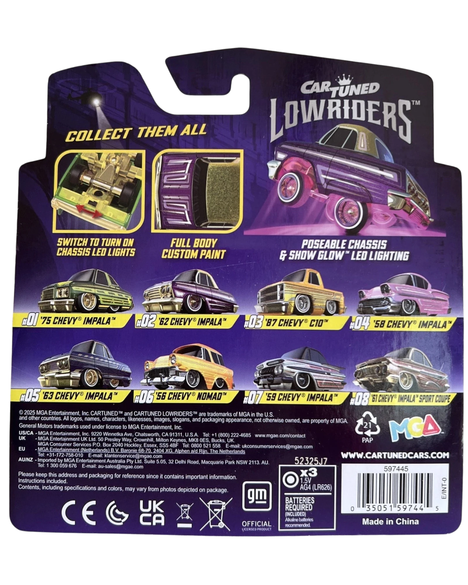 More Than Diecast Car Tuned Lowriders Series 2 packaging back showing 8 collectible die-cast car models with LEDs