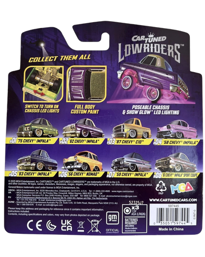 More Than Diecast Car Tuned Lowriders Series 2 packaging back showing 8 collectible die-cast car models with LEDs