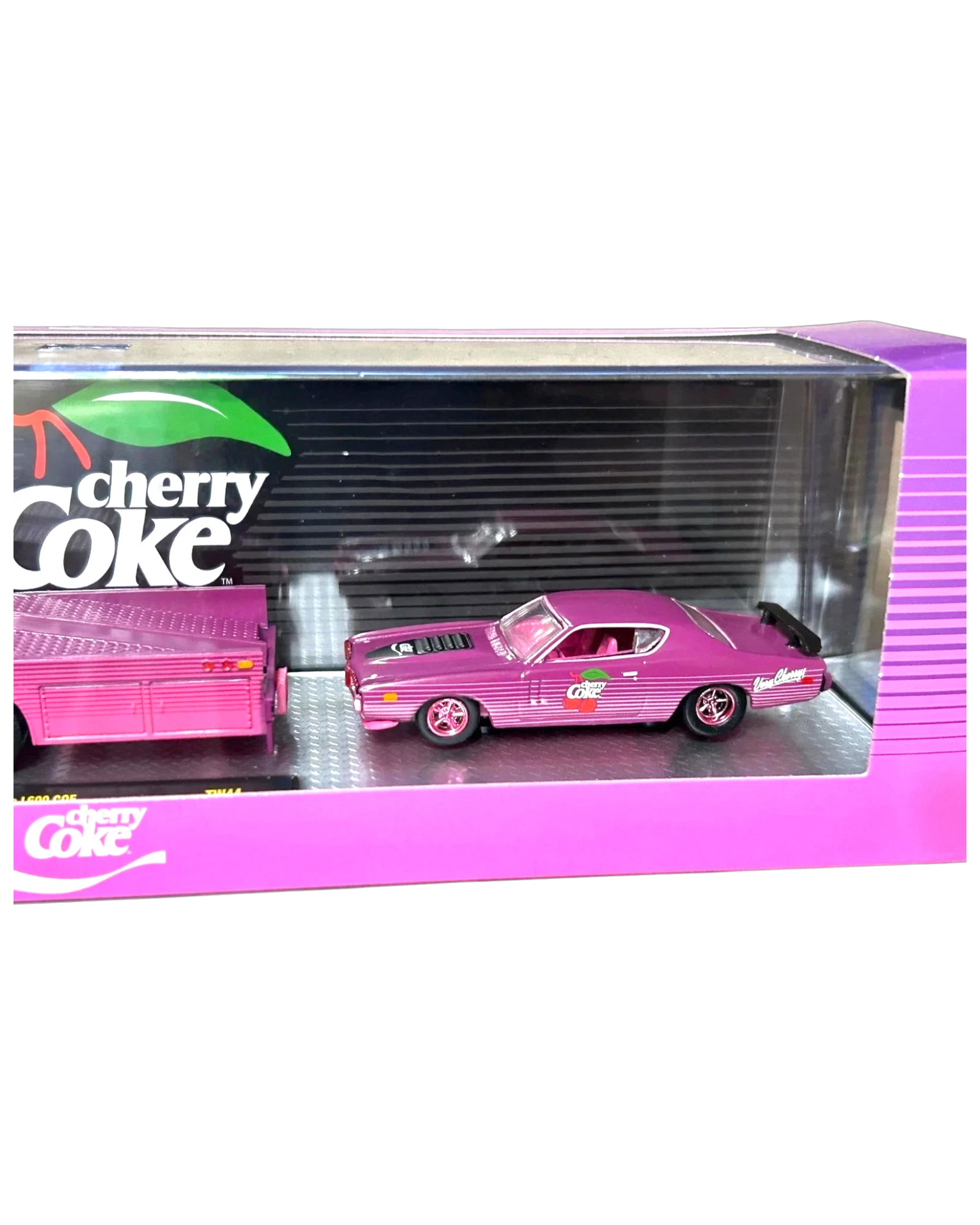 More Than Diecast M2 Machines Cherry Coke 1971 Dodge Charger chase car in purple with matching hauler in display box