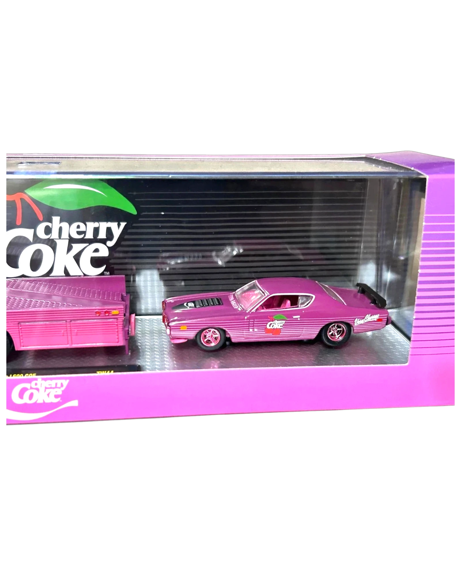 More Than Diecast M2 Machines Cherry Coke 1971 Dodge Charger chase car in purple with matching hauler in display box