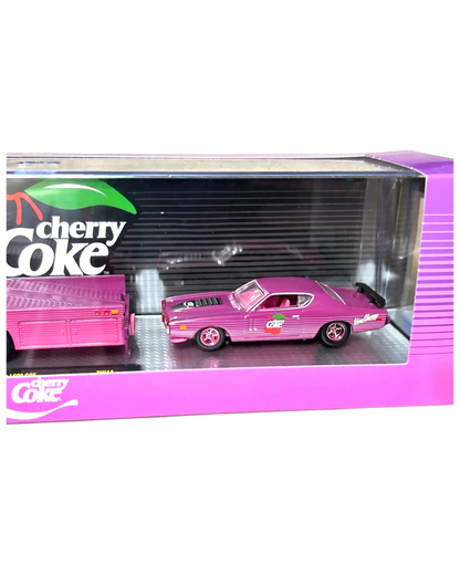 More Than Diecast M2 Machines Cherry Coke 1971 Dodge Charger chase car in purple with matching hauler in display box