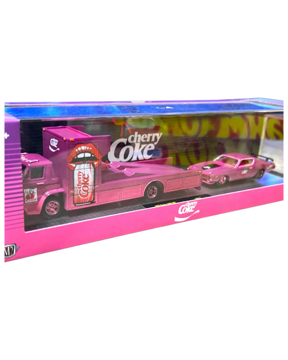 More Than Diecast M2 Machines Cherry Coke 1966 Dodge L600 hauler and 1971 Dodge Charger die-cast set in pink packaging.