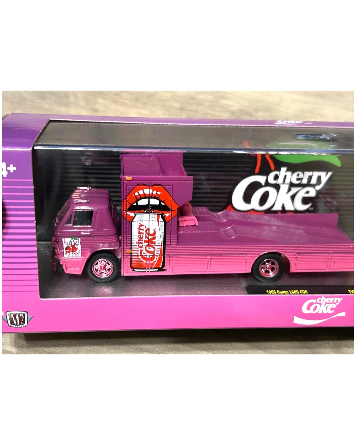 More Than Diecast M2 Machines 1:64 scale purple Cherry Coke 1966 Dodge L600 COE hauler in display packaging