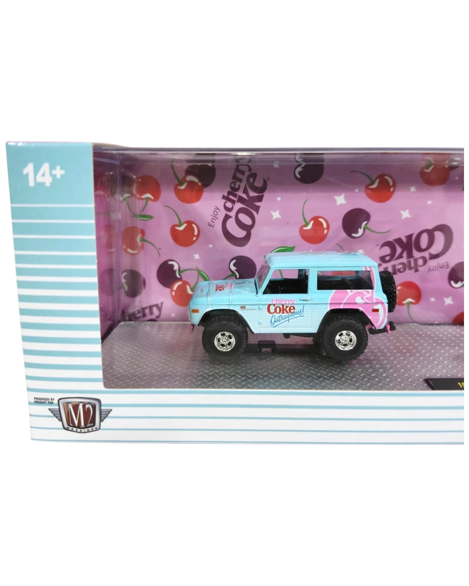 More Than Diecast M2 Machines 1:64 scale 1976 Ford Bronco in light blue Cherry Coke livery inside display box