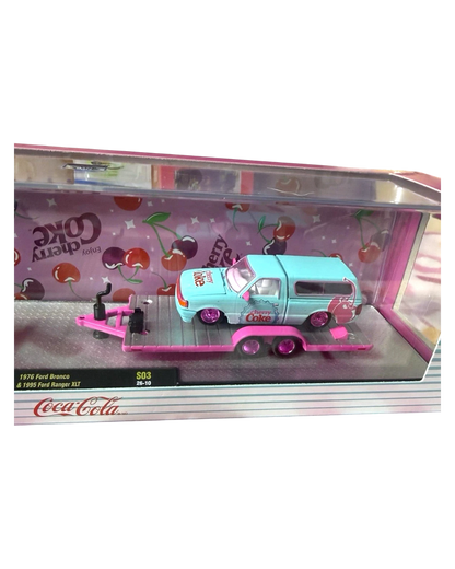 More Than Diecast M2 Machines 1:64 scale 1995 Ford Ranger XLT in pink and blue Cherry Coke livery on a trailer