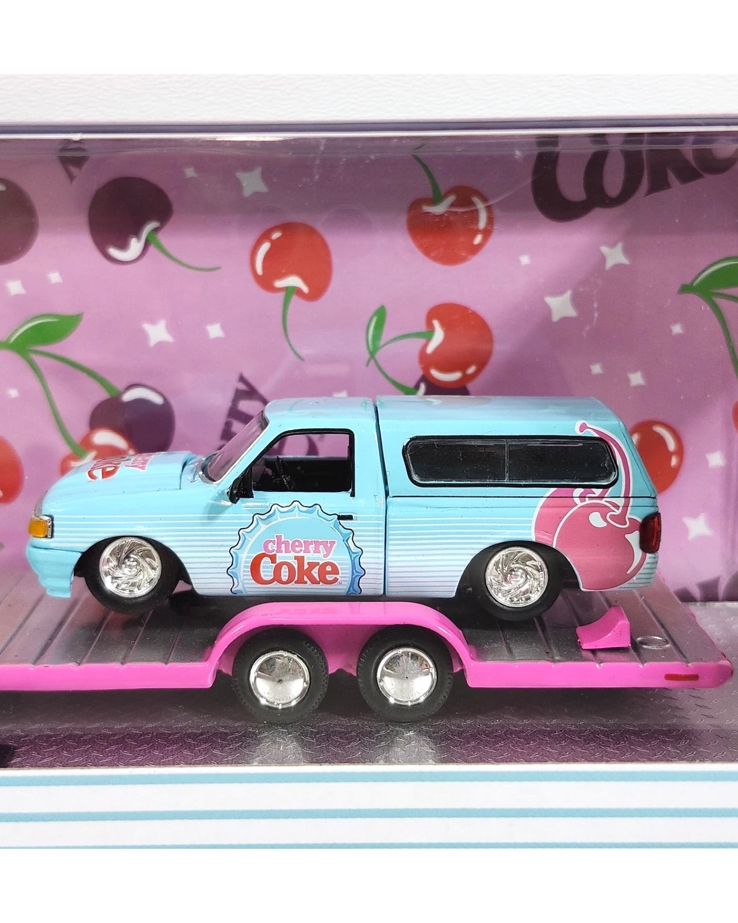 More Than Diecast M2 Machines 1:64 scale 1995 Ford Ranger XLT in Cherry Coke livery on a pink trailer