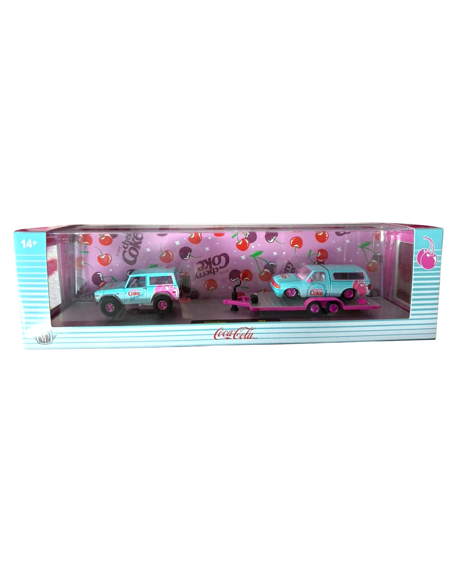More Than Diecast M2 Machines Cherry Coke 1:64 scale set featuring a light blue 1976 Ford Bronco and 1995 Ford Ranger