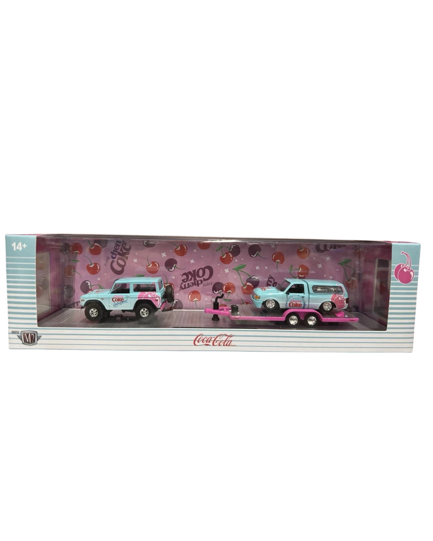 More Than Diecast M2 Machines Cherry Coke hauler set featuring a 1976 Ford Bronco and 1995 Ford Ranger XLT in light blue.