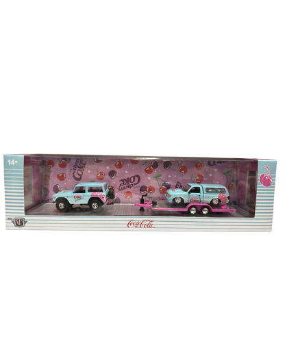 More Than Diecast M2 Machines Cherry Coke hauler set featuring a 1976 Ford Bronco and 1995 Ford Ranger XLT in light blue.