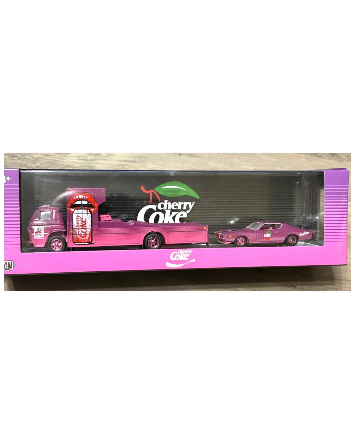 More Than Diecast M2 Machines Cherry Coke 1:64 scale hauler set featuring a pink Dodge L600 COE and 1971 Dodge Charger
