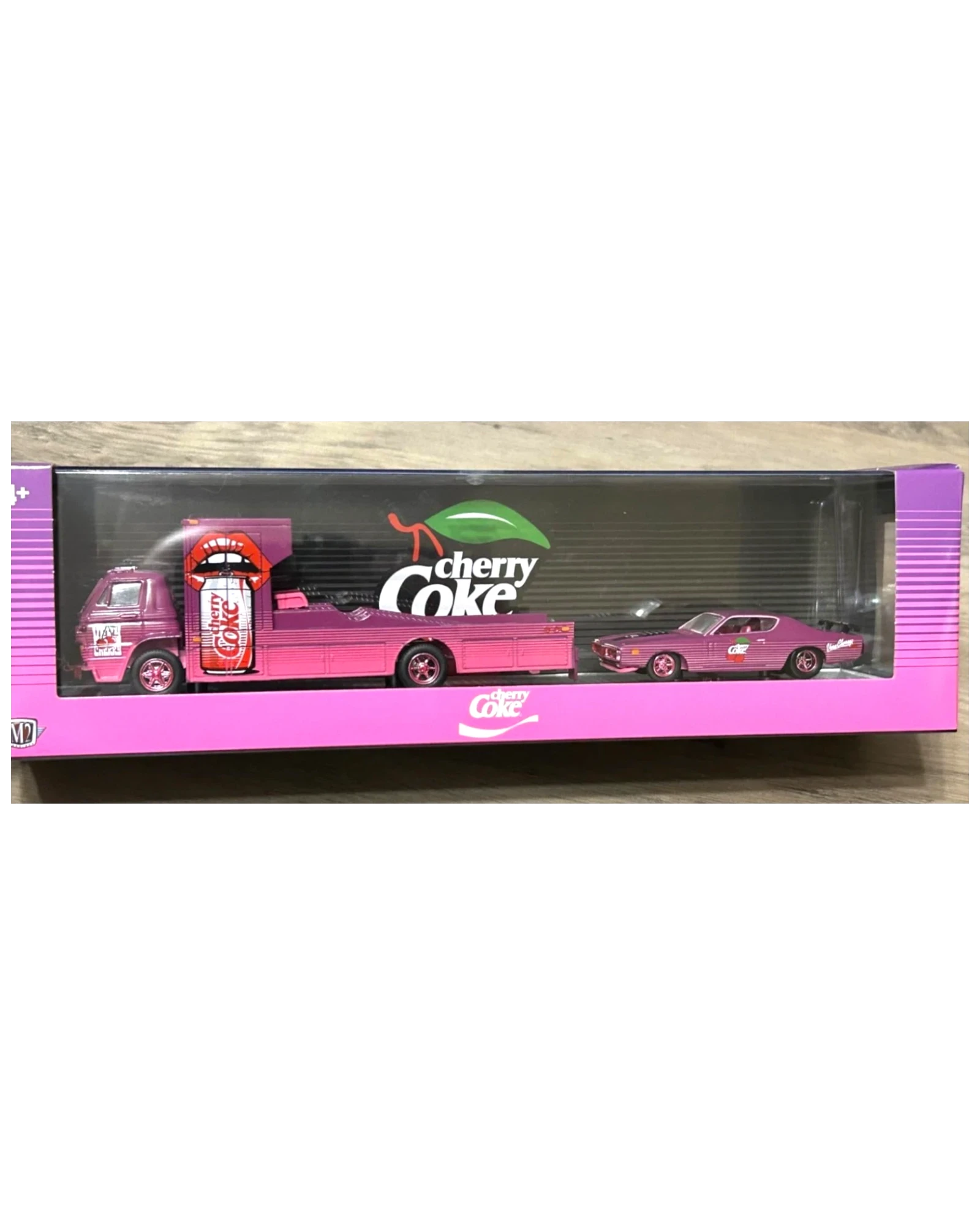 More Than Diecast M2 Machines Cherry Coke 1:64 scale hauler set featuring a pink Dodge L600 COE and 1971 Dodge Charger