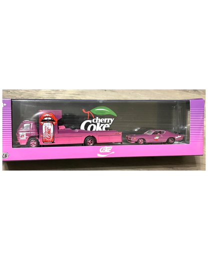 More Than Diecast M2 Machines Cherry Coke 1:64 scale hauler set featuring a pink Dodge L600 COE and 1971 Dodge Charger