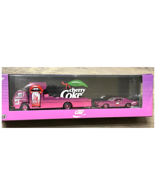 More Than Diecast M2 Machines Cherry Coke 1:64 scale hauler set featuring a pink Dodge L600 COE and 1971 Dodge Charger