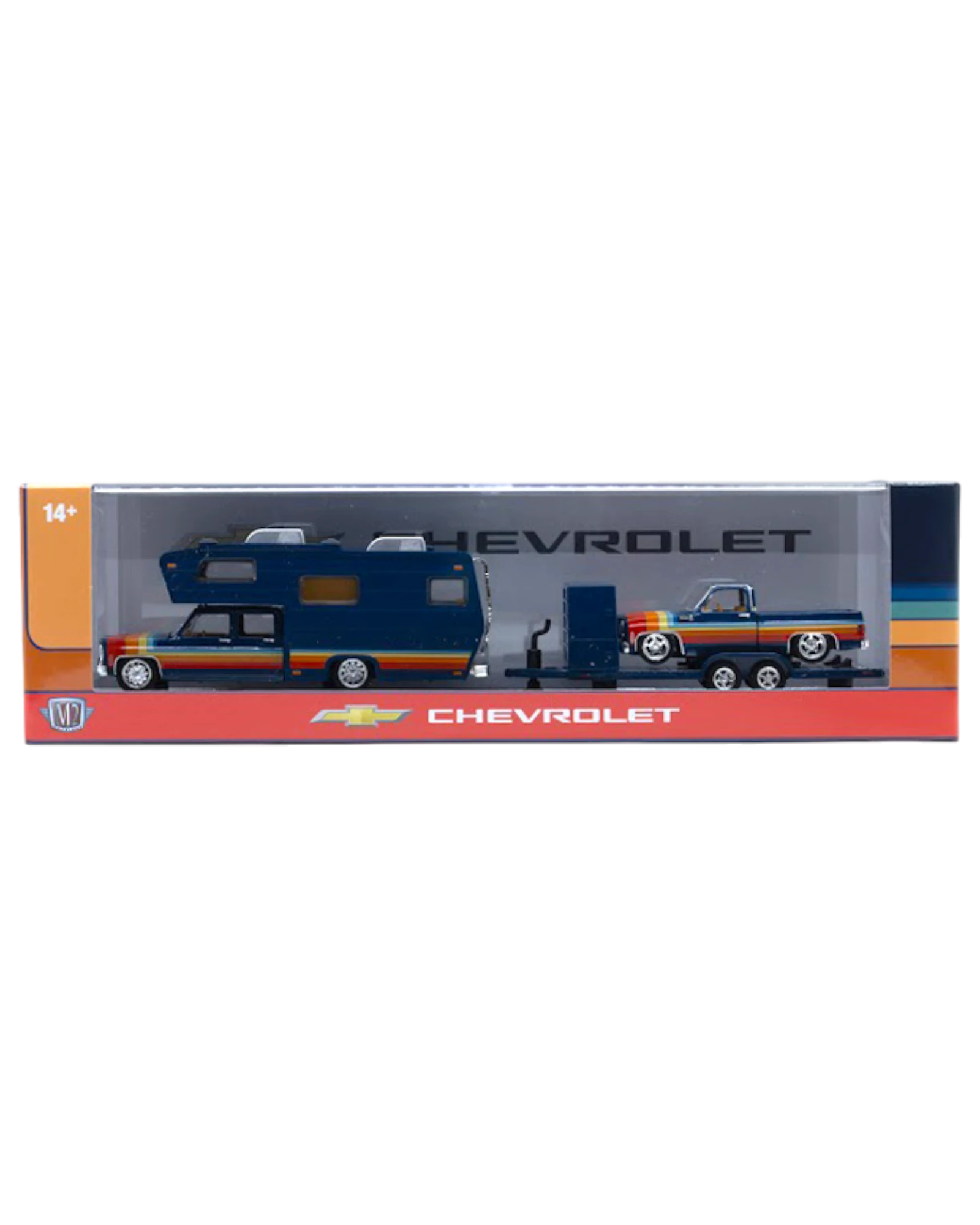 More Than Diecast M2 Machines 1:64 scale Chevrolet auto-hauler set with a blue camper truck and trailer