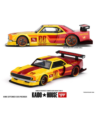 More Than Diecast Kaido House x Mini GT Chevrolet Camaro V1 in red and yellow racing livery with wide-body kit