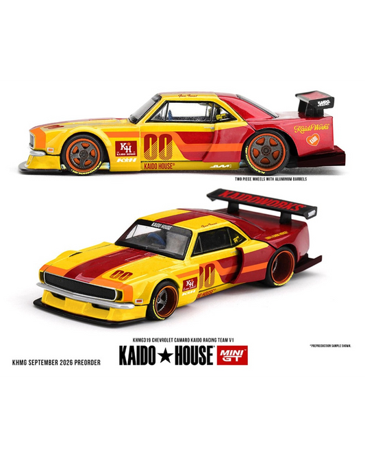 More Than Diecast Kaido House x Mini GT Chevrolet Camaro V1 in red and yellow racing livery with wide-body kit