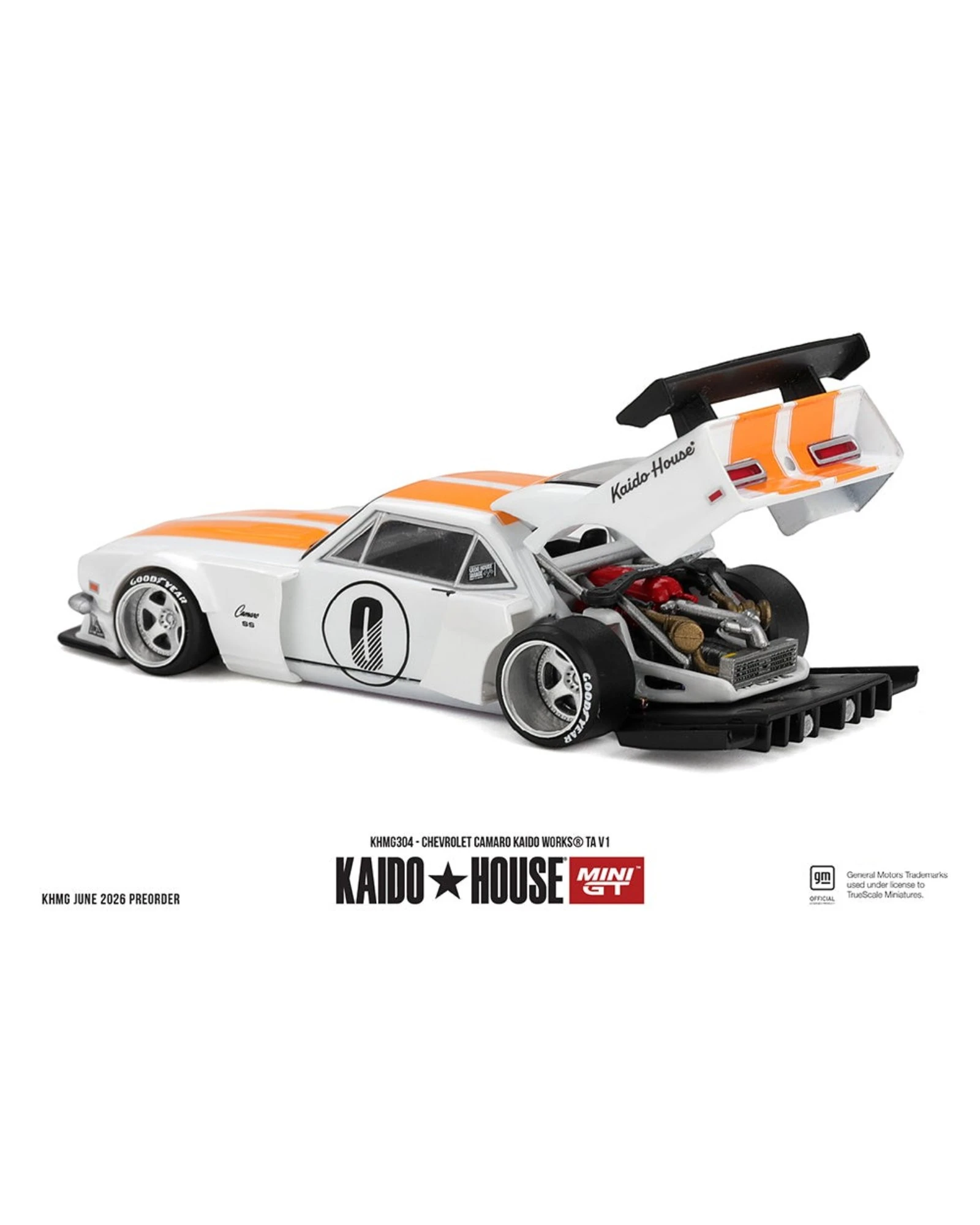 More Than Diecast: White 1:64 scale Chevrolet Camaro Kaido Works TA V1 die-cast model with orange stripes, large rear wing, and exposed engine.